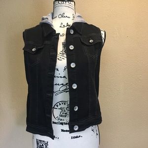 black denim vest with hood